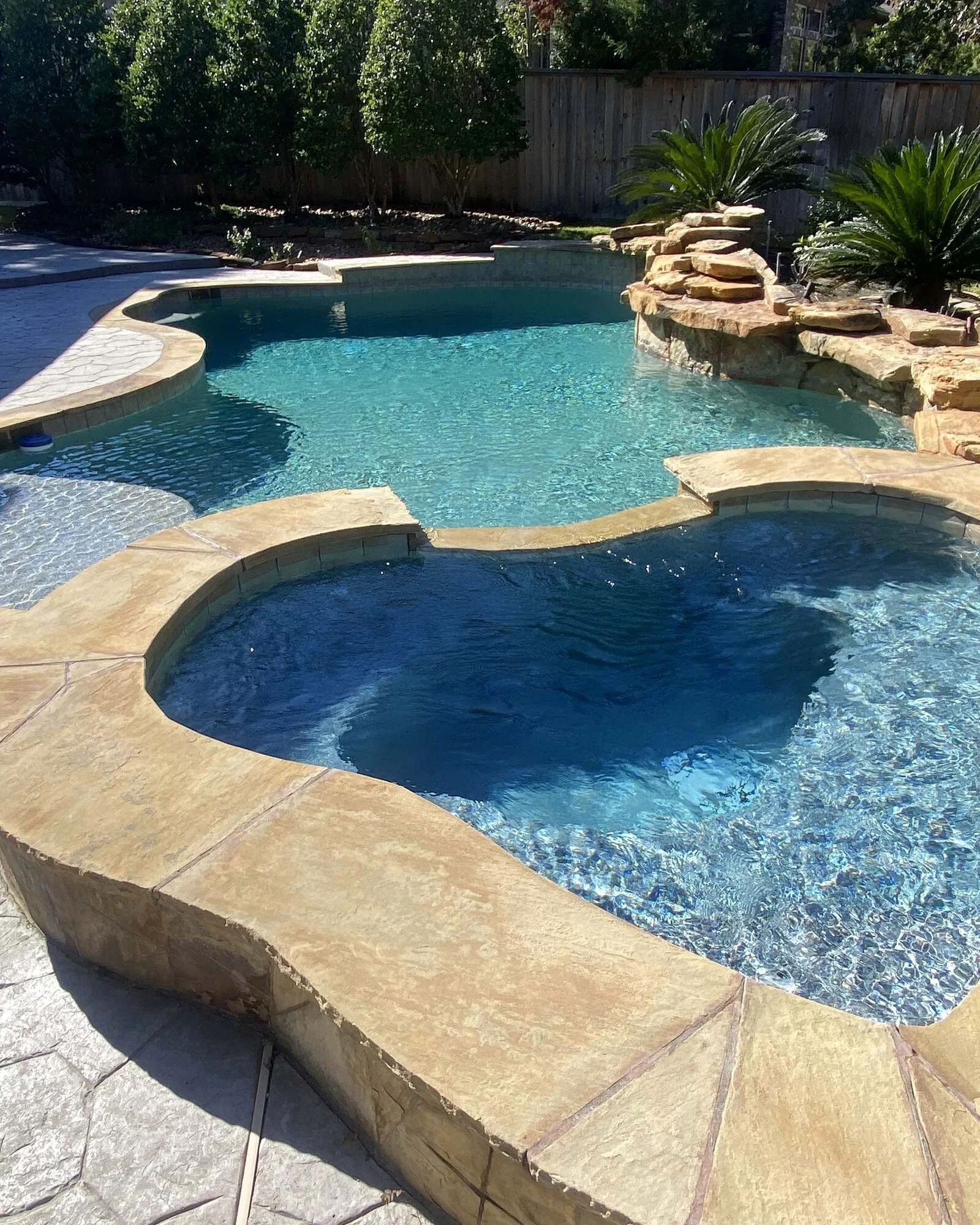 Backyard swimming pool with stone edging and a small rock waterfall feature, surrounded by green bushes and a wooden fence.