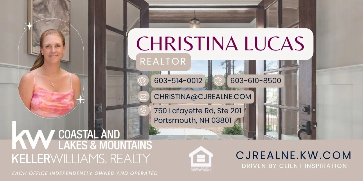 Real estate business card for Christina Lucas, a realtor with Keller Williams Realty, featuring her photo, contact information, and office address in Portsmouth, New Hampshire, with a background image of an open door leading to a porch.