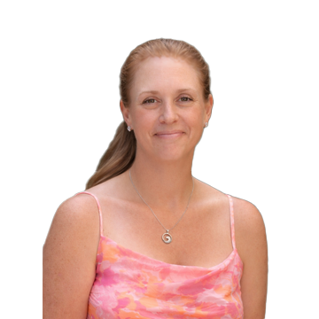 A woman with light brown hair tied back, wearing a pink and orange tie-dye spaghetti strap top, and a silver necklace with a pendant, smiling against a plain white background.