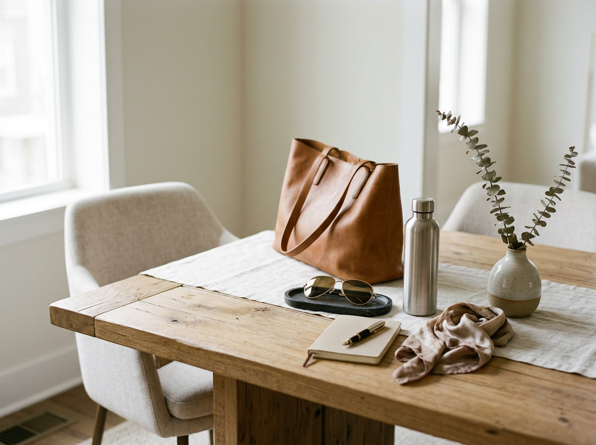 A wooden dining table displays items that could be sold on Facebook Marketplace -- a brown leather tote bag, a stainless steel water bottle, a white ceramic vase with eucalyptus, sunglasses, etc.