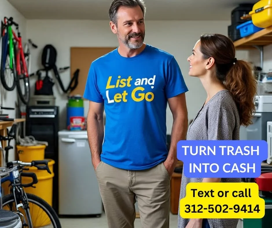 A man and woman talking in a garage. The man is wearing a blue T-shirt with the text 'List and Let Go.' There are bicycles, storage bins, and household items around them.