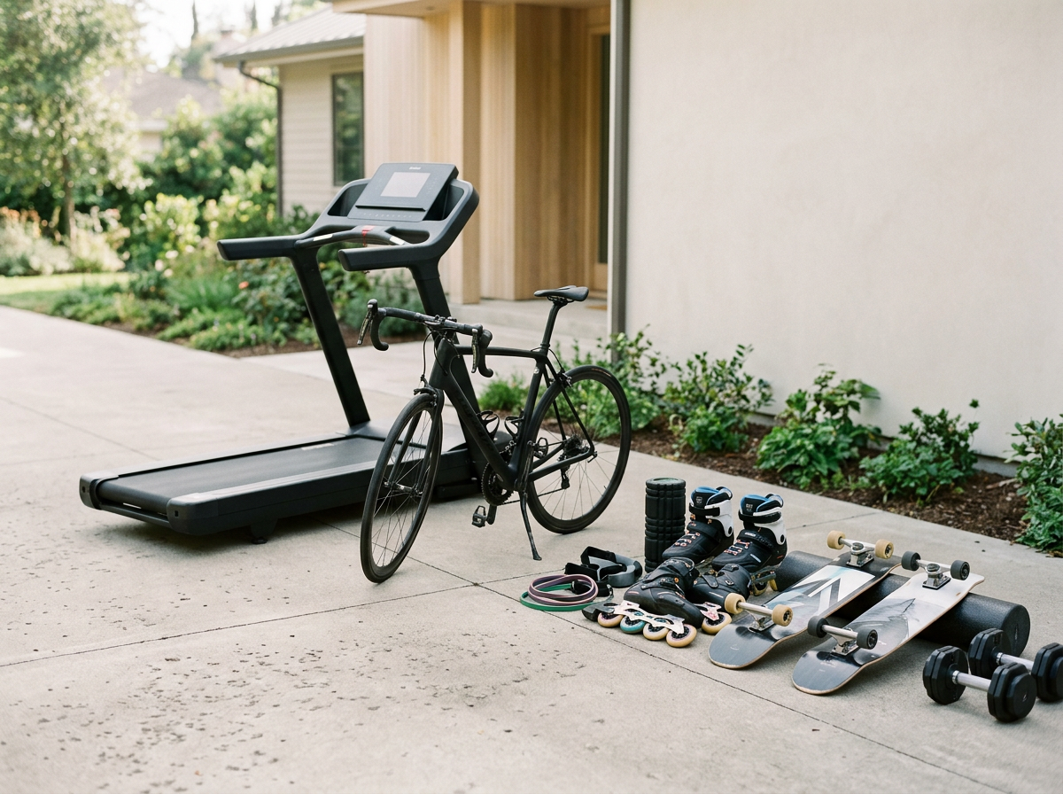 Outdoor scene shows common items sold on Facebook Marketplace -- a treadmill, a bicycle, skateboards, rollerblades, dumbbells, and sports gear are displayed on the concrete sidewalk outside a house with plants and a garden in the background.