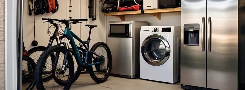 A laundry room with bicycles, a washing machine, a refrigerator, and storage shelves.