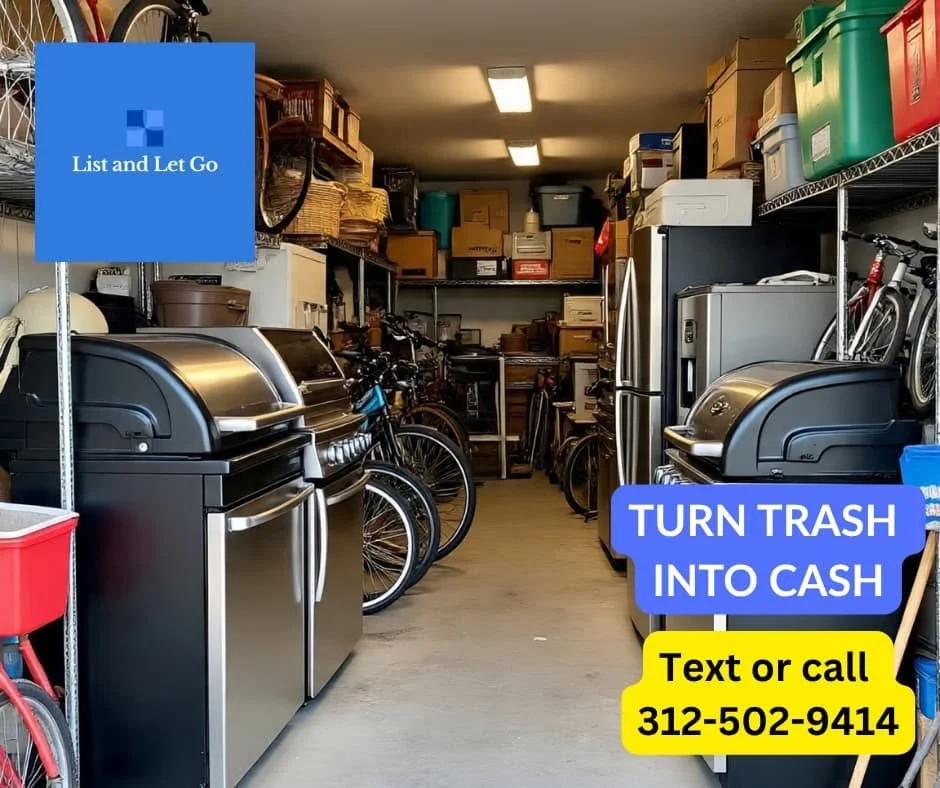 A garage with bicycles, kitchen appliances, and storage boxes. Promotional overlay offers to turn trash into cash with a phone number.