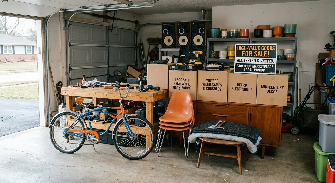 A garage sale setup inside a garage, with boxes labeled containing various items like LEGO sets, vintage video games, electronics, and mid-century decor. The setup includes stacked orange chairs, a wooden table with tools, a bicycle, and shelves with cups or bowls.