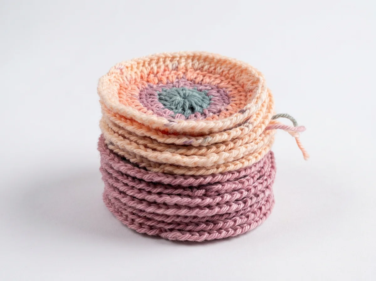 Crochet circles made using speckled wool yarn and displayed in a stack on a chair