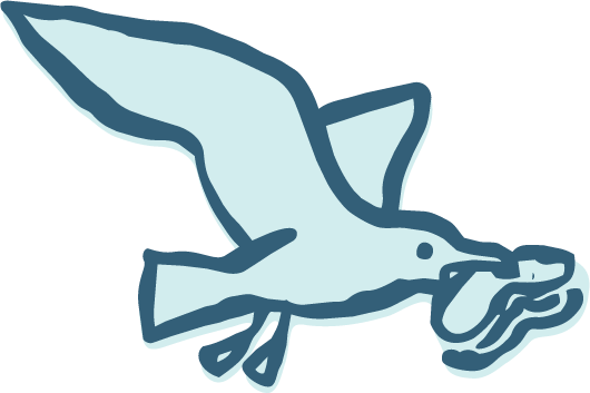 A cartoon illustration of a flying bird carrying a fish in its beak.