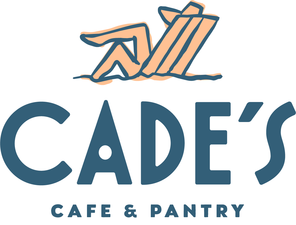 Logo for Cade's Cafe & Pantry featuring an illustration of a person reclining on a lounge chair above the text.