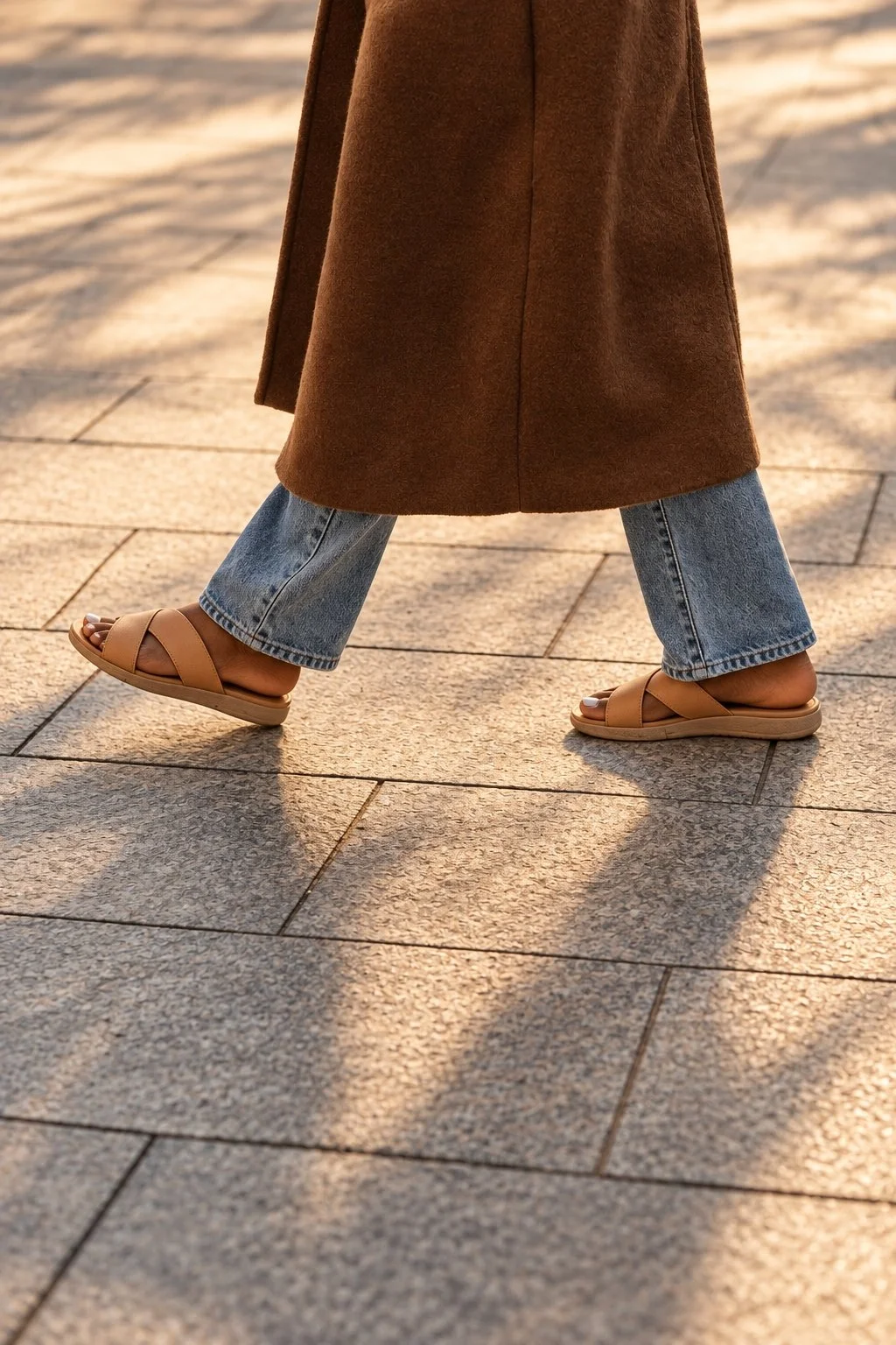 Close-up of person walking on tiled pavement wearing tan slides, loose blue jeans, and a long brown coat, with shadows cast by the setting sun.