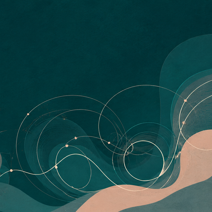 Abstract digital artwork with teal background, white swirl lines, and beige curved shapes.