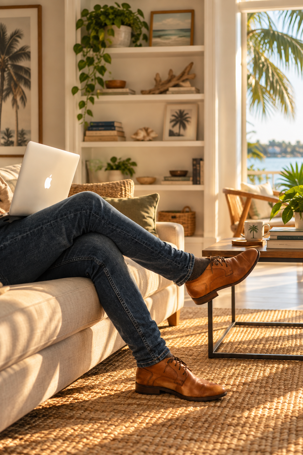 Person sitting on a beige sofa with crossed legs, using a silver MacBook, in a sunlit living room decorated with framed tropical artwork, plants, books, and coastal decor, with an outdoor view of palm trees and water.