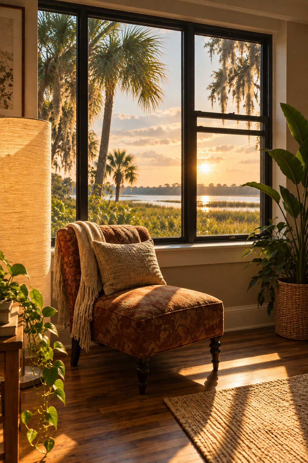 A living room with a vintage upholstered chair and a pillow, a cozy blanket, a large potted plant, and a natural fiber rug, with a large window showing a view of palm trees, water, and a sunset.