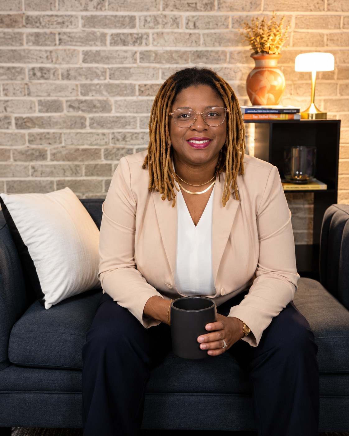 A woman with long dreadlocks and glasses sitting on a dark gray couch, holding a black mug, smiling at the camera in a cozy living room with a brick wall, a white pillow, a black bookshelf with books, a decorative vase, a lamp, and a glass cup on the shelf.
