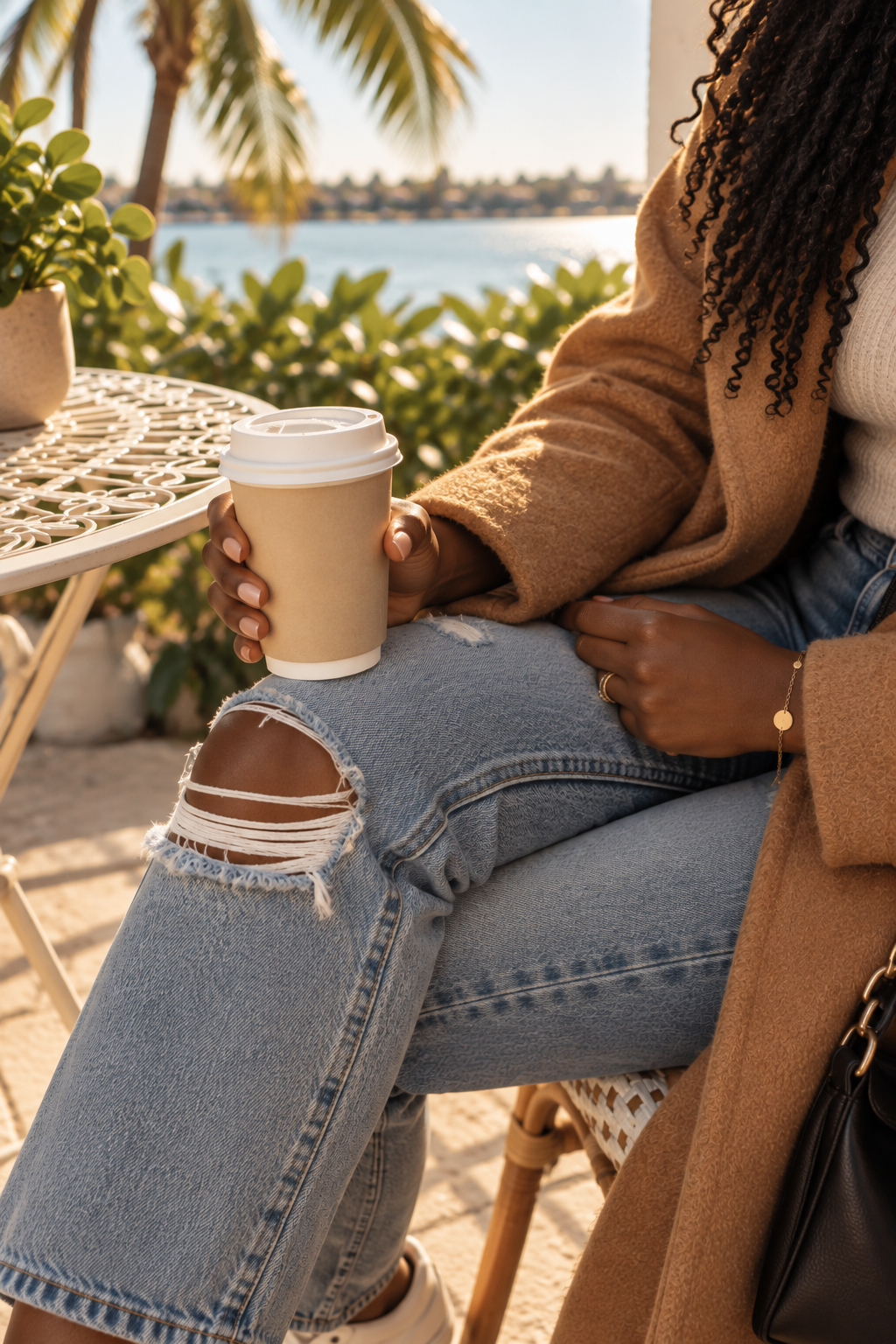 A woman sitting outdoors at a cafe, holding a disposable coffee cup with a white lid. She is wearing ripped jeans, a beige coat, and has curly hair. There is green foliage and a body of water visible in the background, suggesting a waterfront setting.