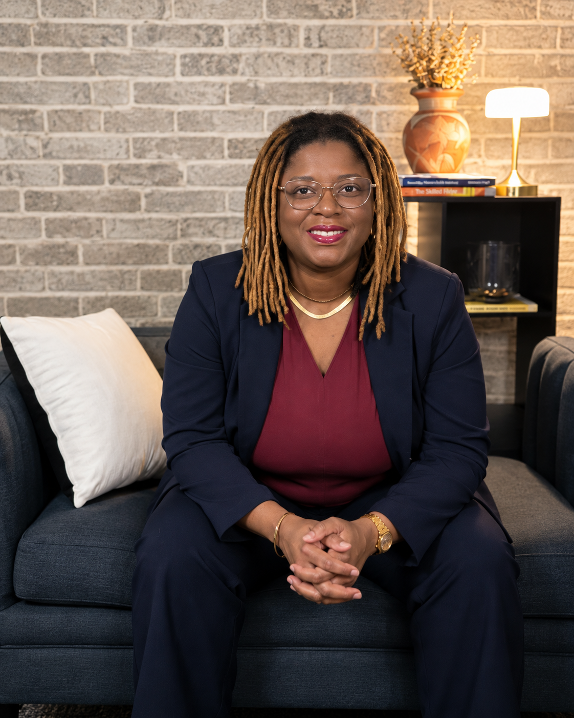 A woman with glasses and gold jewelry sitting on a dark gray couch in front of a brick wall. She is wearing a navy blazer over a maroon top and has shoulder-length dreadlocks.