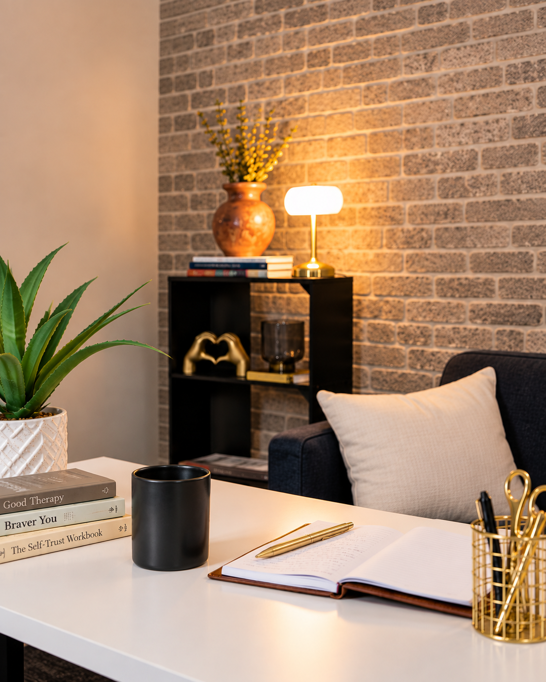 A white desk with a black mug, a closed notebook with a gold pen, a stack of books, and a gold pen holder containing pens, in a cozy living room with a black sofa, a pillow, a black bookshelf, a table lamp, a large plant, and decorative items against a brick wall.