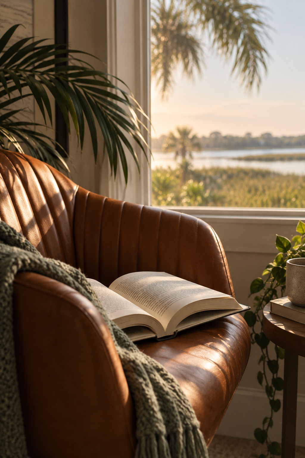 A cozy living space with a brown leather sofa, an open book, a knitted blanket, and potted plants next to a large window overlooking a scenic view of trees, water, and a sunset.
