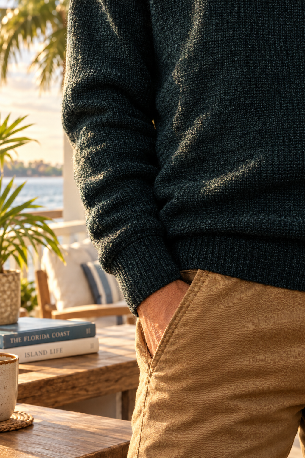 Close-up of a person wearing a dark sweater and khaki pants, standing outdoors near a table with books, plants, and a view of water, during sunset.