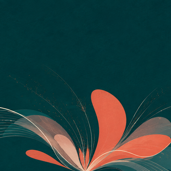 Abstract digital art with orange and beige floral shapes against a dark teal background.