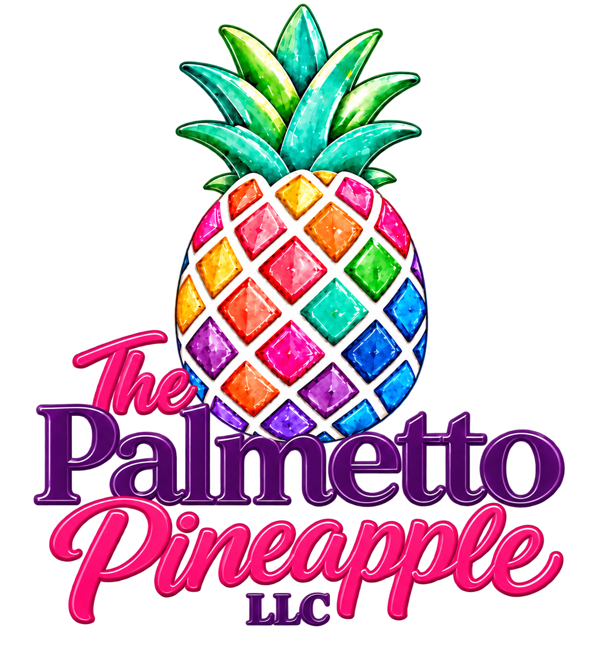 Colorful neon sign of a pineapple with rainbow-colored diamond shapes on the body and green leaves on top. Below the pineapple, it says 'The Palmetto Pineapple LLC' in bright pink and purple neon lettering.