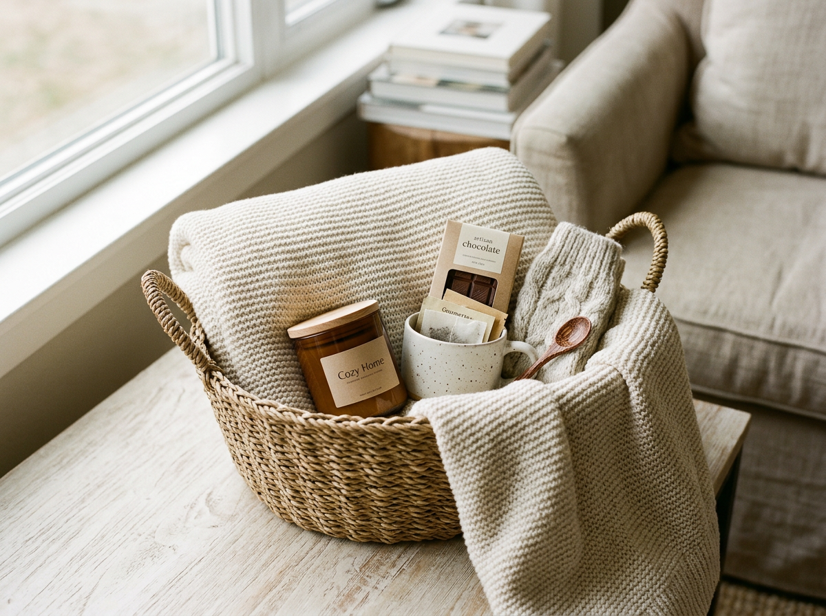 Wicker basket filled with a blanket, a candle labeled 'Cozy Home', a speckled mug with tea bags, a wooden spoon, and a chunk of chocolate on a beige wooden table near a window.