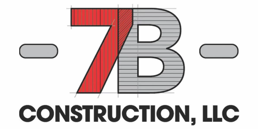 Logo for 7B Construction LLC featuring a large stylized '7' in red and a 'B' in gray, with black text below reading 'CONSTRUCTION, LLC'.