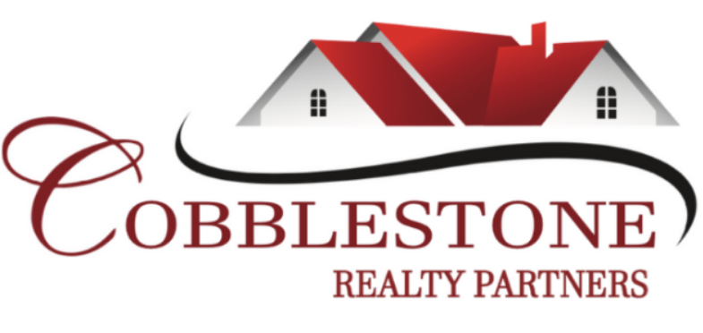 Logo for Cobblestone Realty Partners featuring a house with red and gray rooftops and black text.