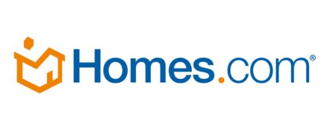 Homes.com logo with a stylized orange house icon and blue text