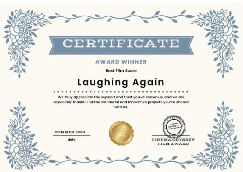 Certificate of award for best film score, awarded to 'Laughing Again', summer 2024, with floral border and gold seal.