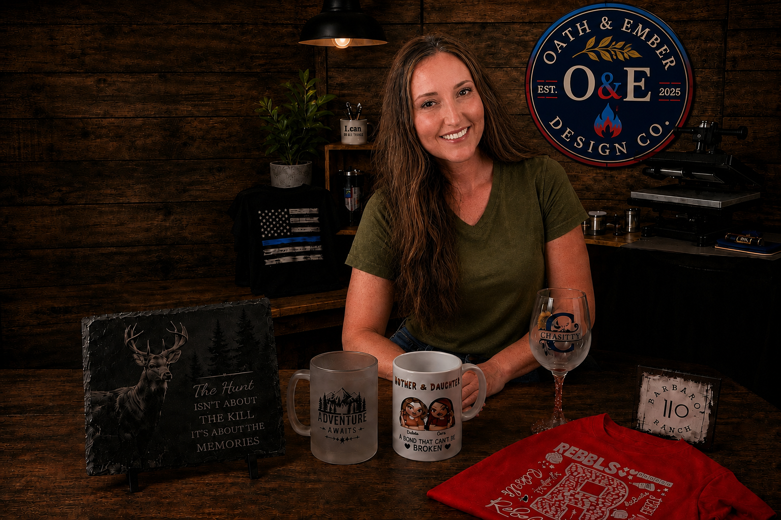 Founder of Oath & Ember Design Co. smiling beside a display of custom mugs, personalized signs, apparel, and handmade gifts in her rustic workshop, with the Oath & Ember Design Co. logo displayed on the wall behind her.