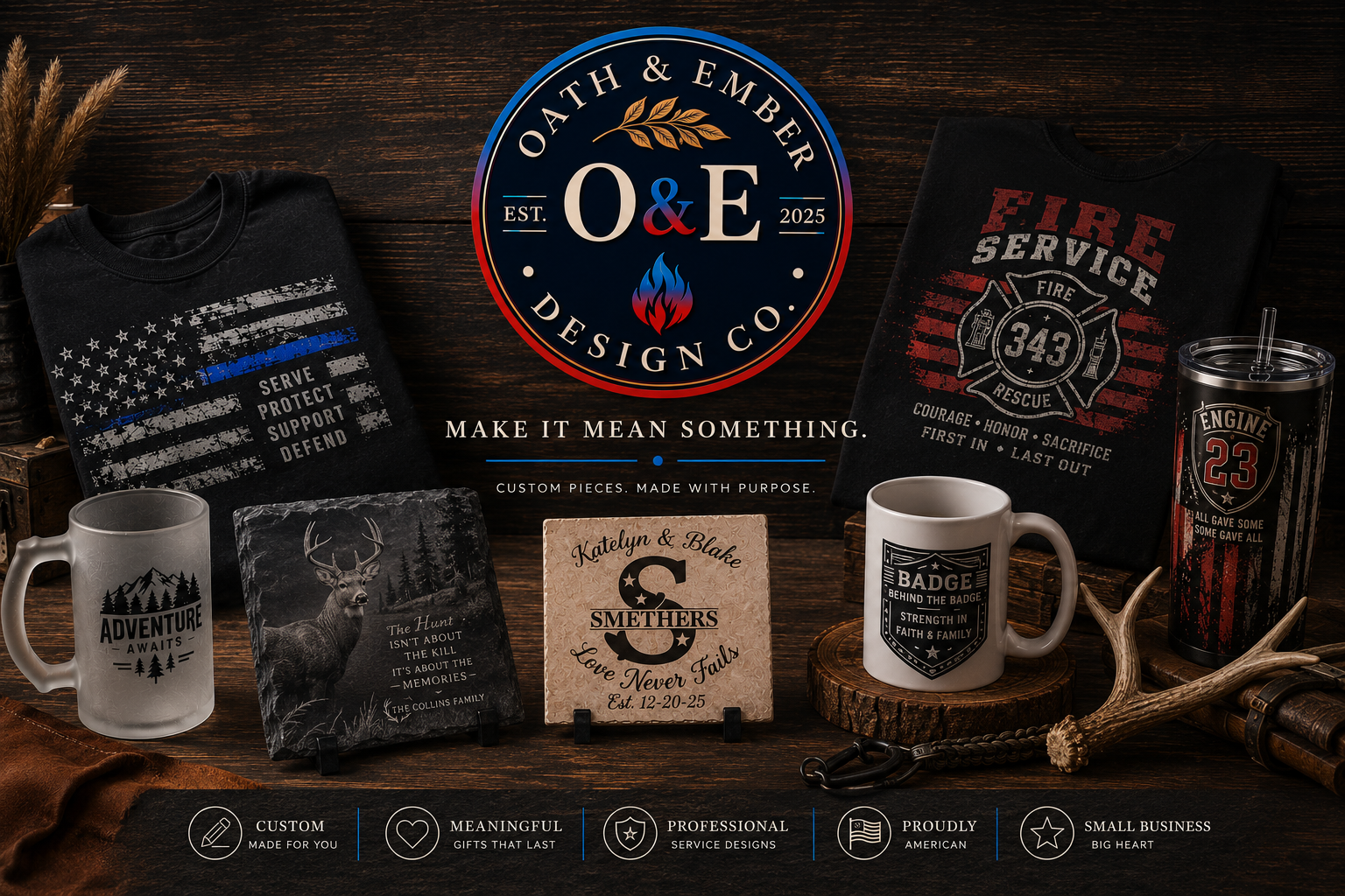 Rustic workspace displaying Oath & Ember Design Co. custom products, including graphic T-shirts, personalized tumblers, mugs, wine glasses, and decorative gifts, with the Oath & Ember Design Co. logo displayed on the wall behind them.