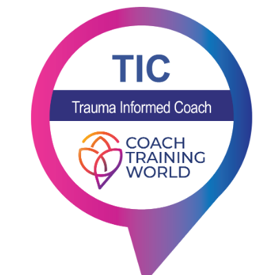 A logo with a circular gradient design in pink, purple, and blue. Inside, it reads 'TIC' at the top, 'Trauma Informed Coach' in the middle, and has a smaller logo for 'OACH TRAINING WORLD' at the bottom.