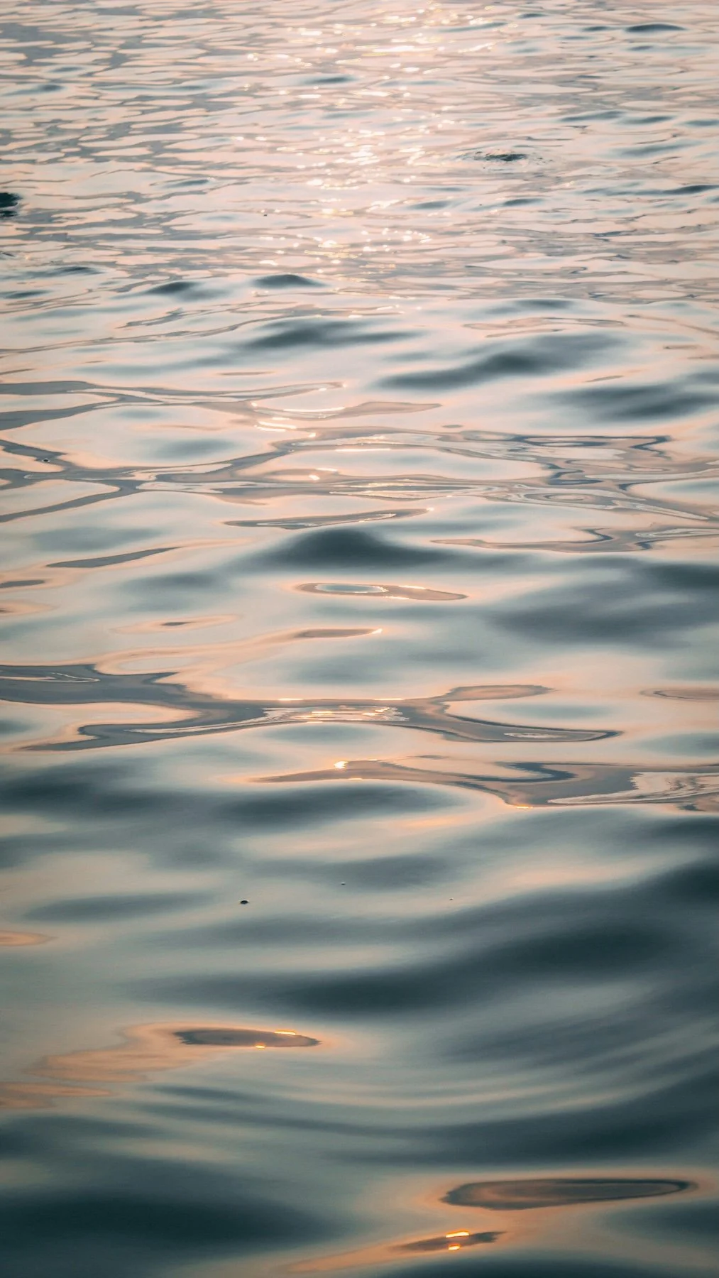 A calm body of water reflecting the sky during sunset or sunrise, with gentle ripples on the surface.