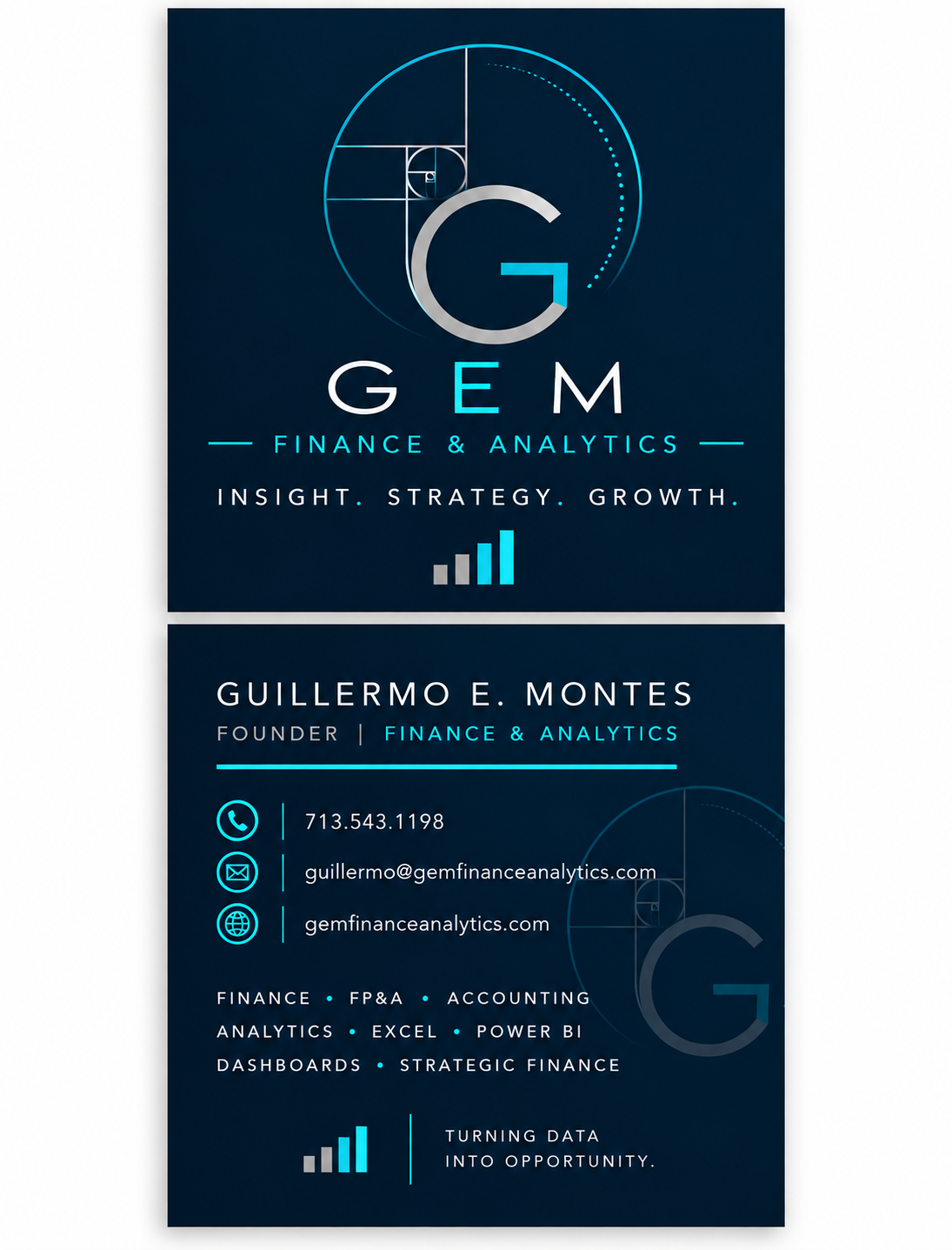 Business card for Guillermo E. Montes, founder of GEM Finance & Analytics. Includes contact information, services offered, and a logo with a stylized G and graphical elements.