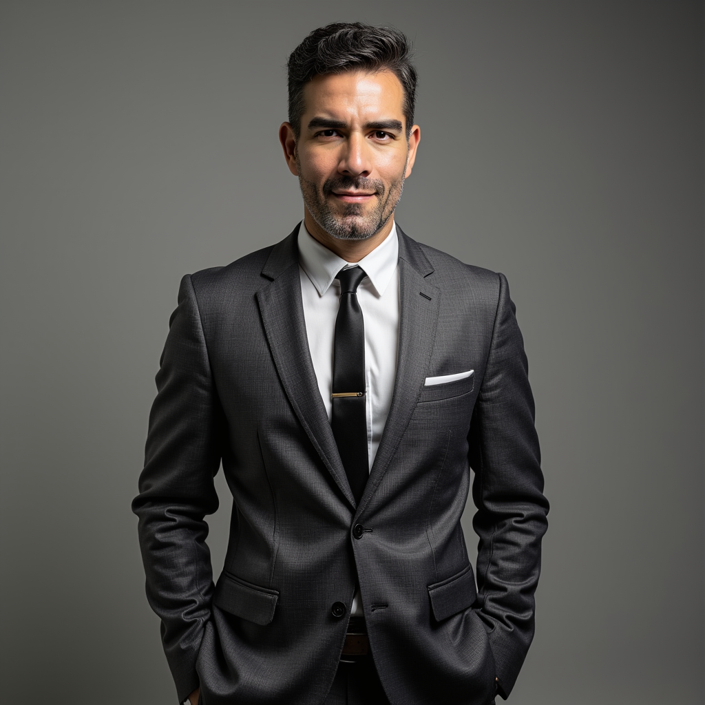 A man in a dark gray suit, white shirt, and black tie standing against a gray background.