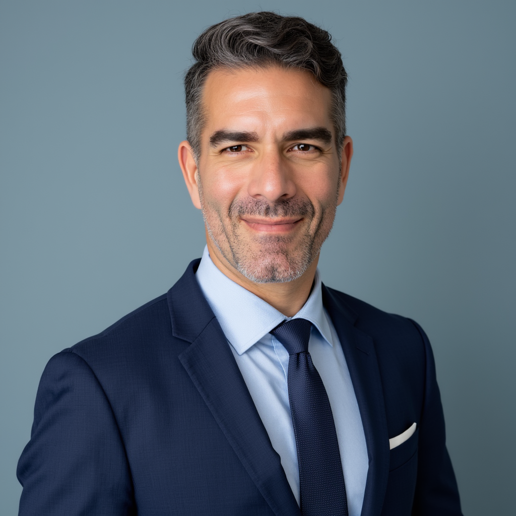 A professional man with gray hair and a beard wearing a navy blue suit, light blue shirt, and dark blue tie, smiling confidently against a plain blue background.