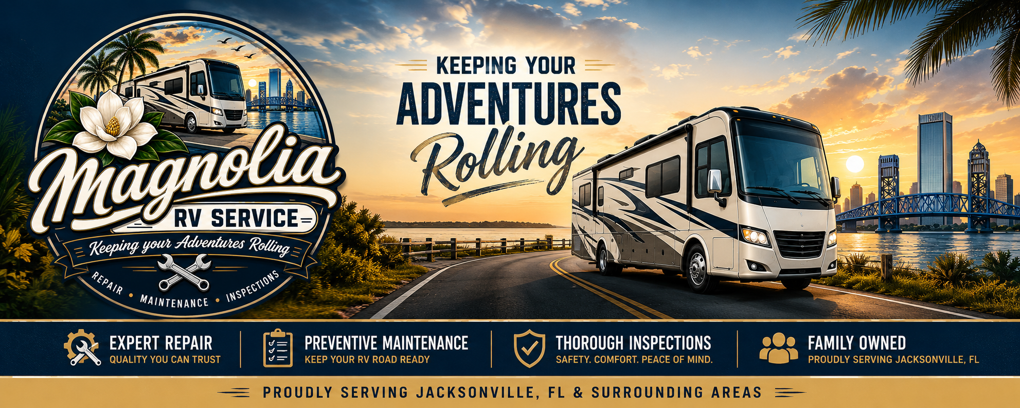 A promotional banner for Magnolia RV Service featuring a large RV on a scenic road near a body of water at sunset with city skyline in the background. The banner highlights services such as repair, maintenance, and inspections, with icons and text promoting expert repair, preventive maintenance, thorough inspections, and family ownership in Jacksonville, Florida.