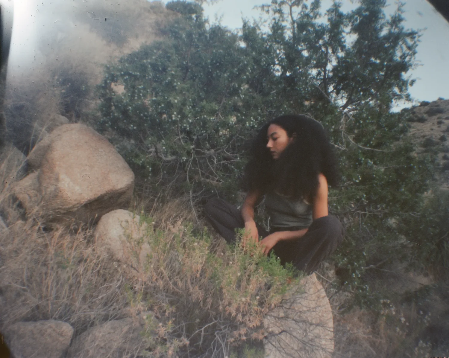 Harris Harper sitting among rocks and brush in the high desert
