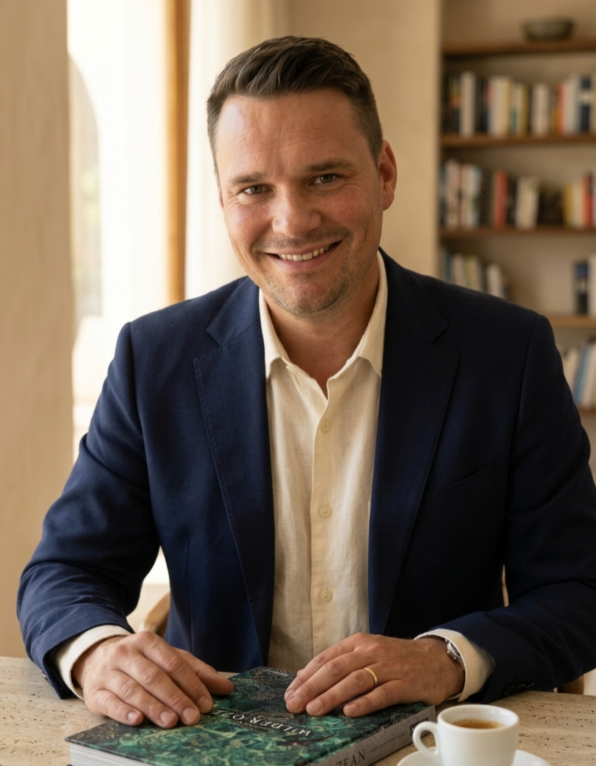 Ein Mann in einem blauen Anzug sitzt an einem Tisch mit einem Buch und einer Tasse Kaffee, im Hintergrund Bücherregale.