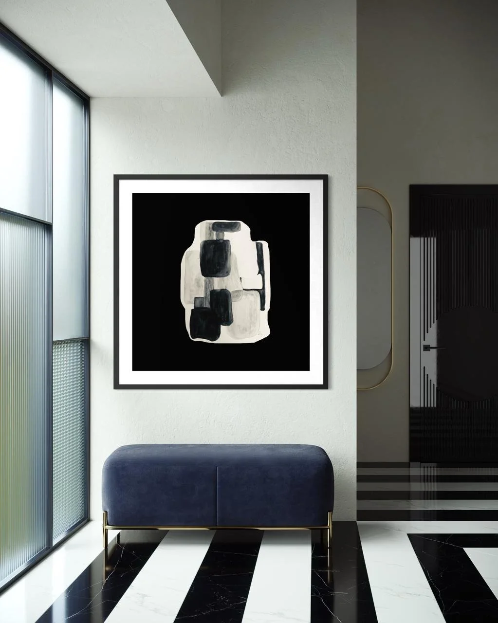 Modern interior with white walls, black-and-white striped floor, a navy blue bench with gold accents beneath an abstract black and white painting. Glass wall on the left, black sliding door on the right.