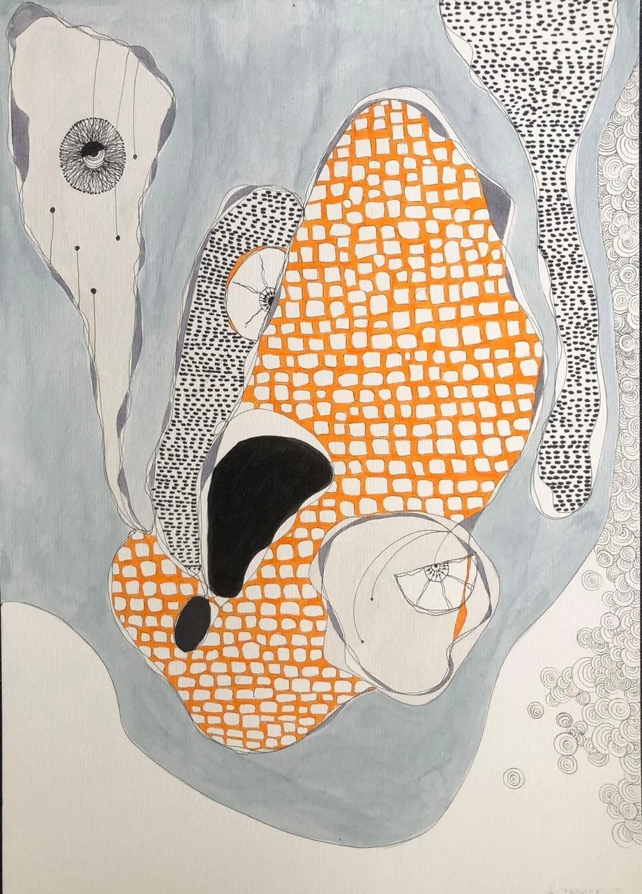 An abstract drawing of a dog's face with orange checkered and black patterned areas, surrounded by intricate black and white line patterns and swirls.