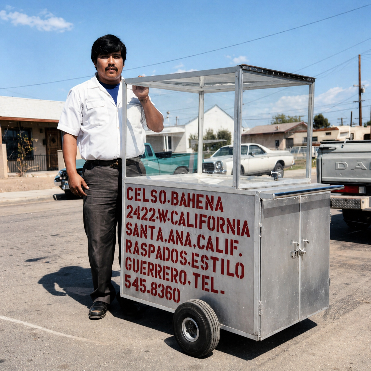 A man with dark hair and a mustache wearing a white shirt and dark pants standing next to a metal street vendor cart with the address and phone number written on it, parked on a street with cars and houses in the background under a blue sky.