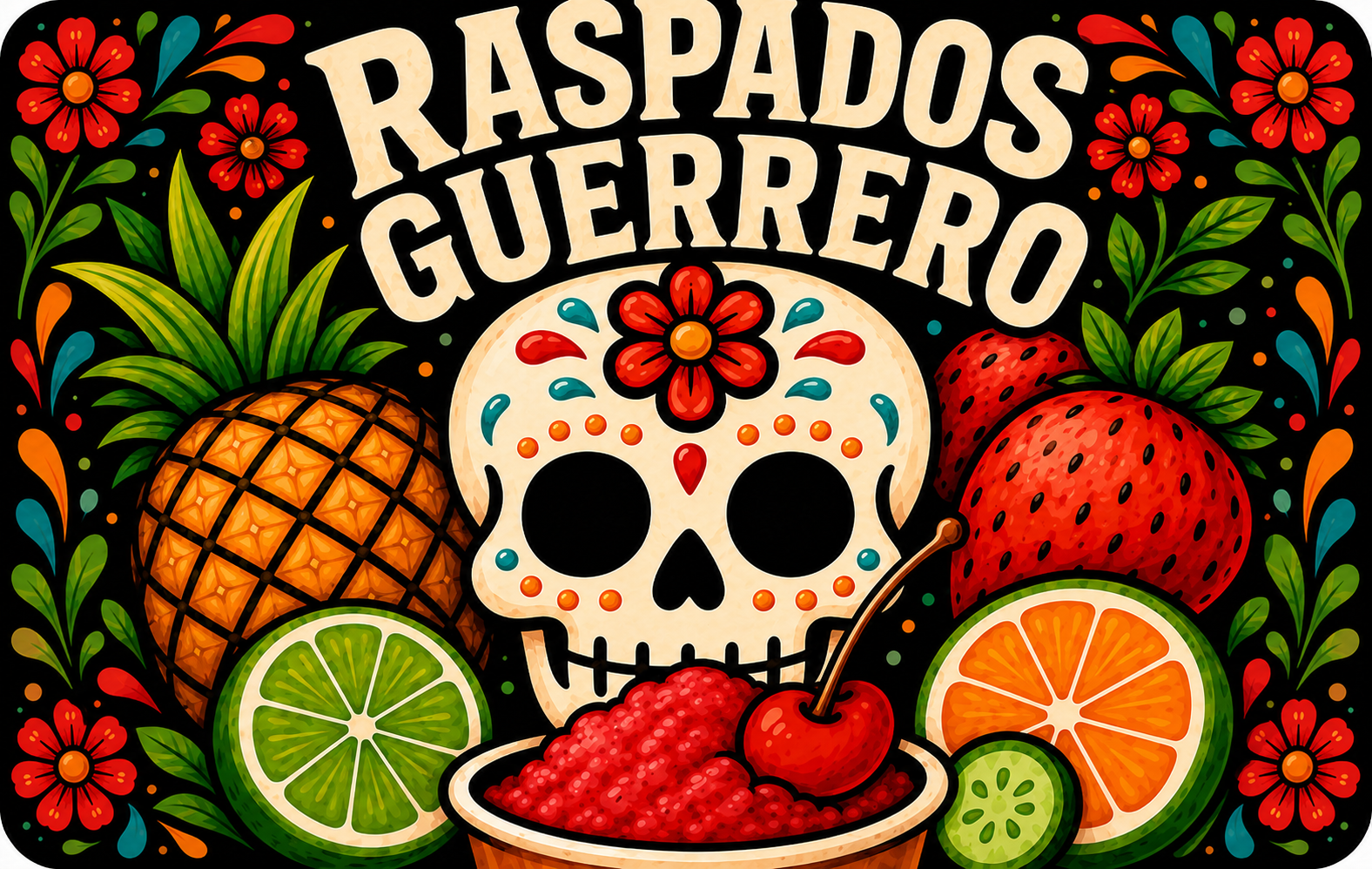 Colorful illustration of a sugar skull with flowers on its forehead, surrounded by tropical fruits like pineapple, strawberries, lime, orange, and cucumber, with the phrase 'Raspados Guerrero' at the top.