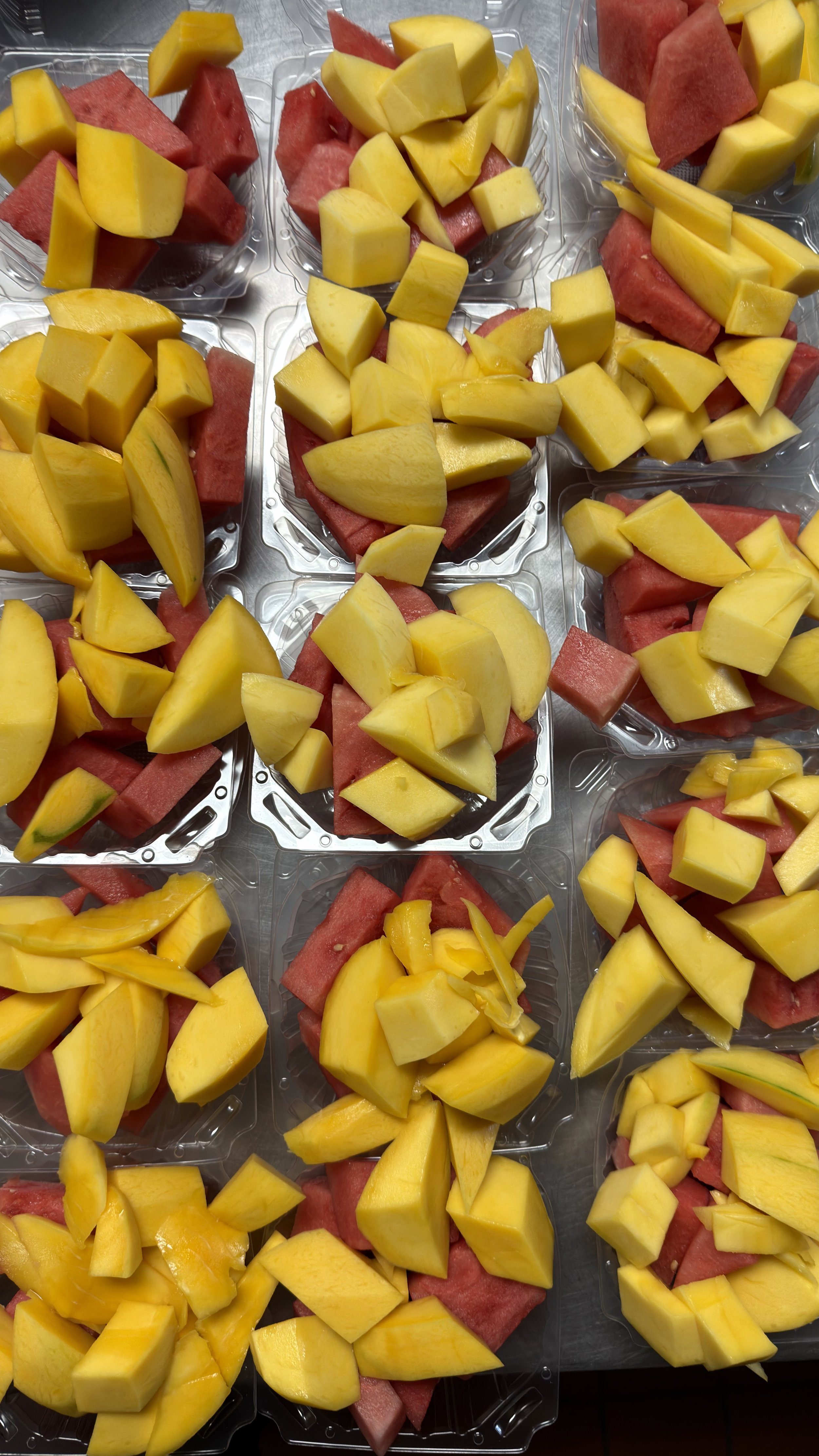 Checked view of multiple plastic containers filled with cubed yellow mango and sliced red watermelon.