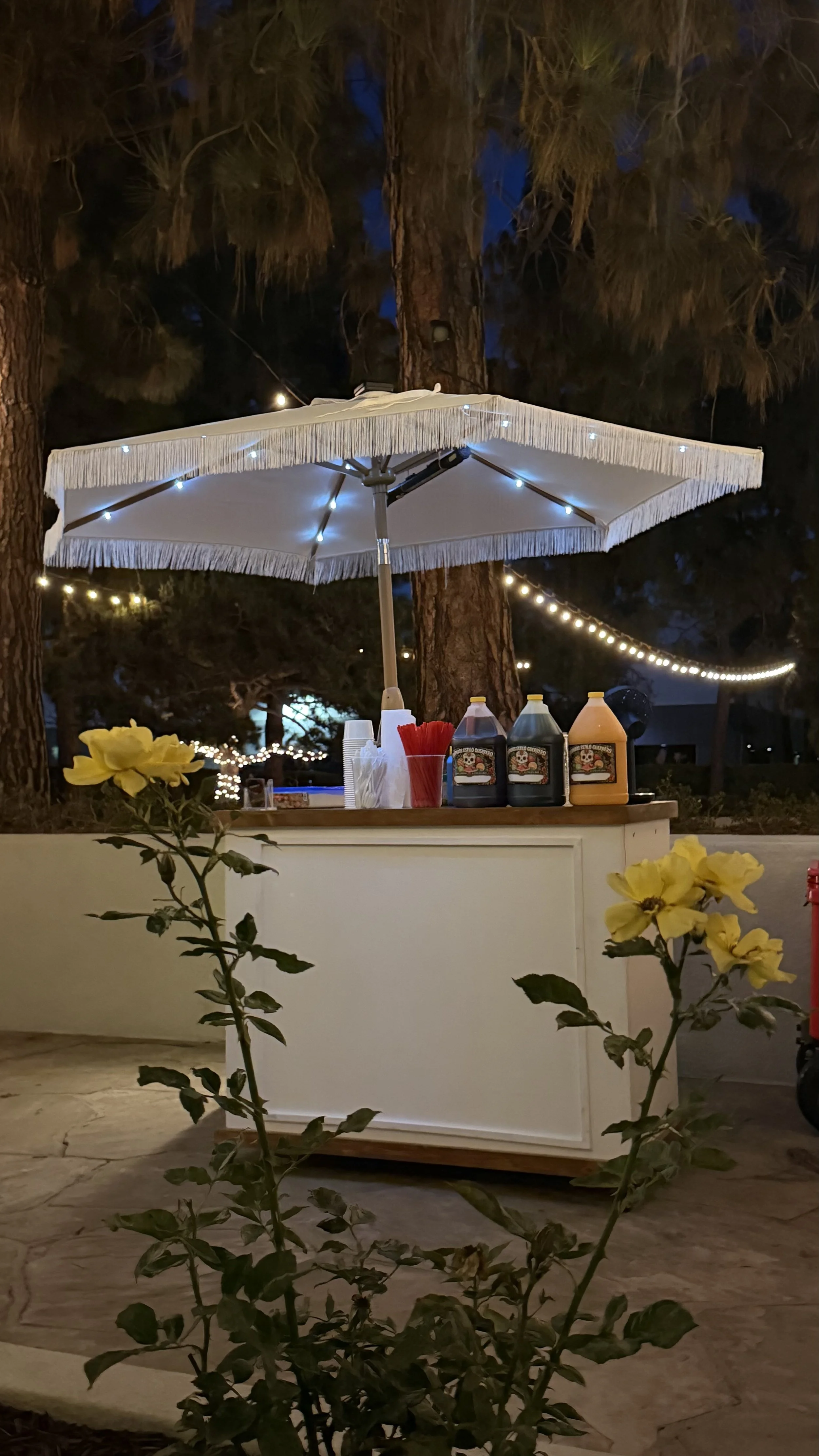 Nighttime outdoor scene with a white patio umbrella decorated with small lights, behind a white counter with bottles of sauces, plastic cups, and red utensils. Yellow flowers in the foreground and string lights in the background.