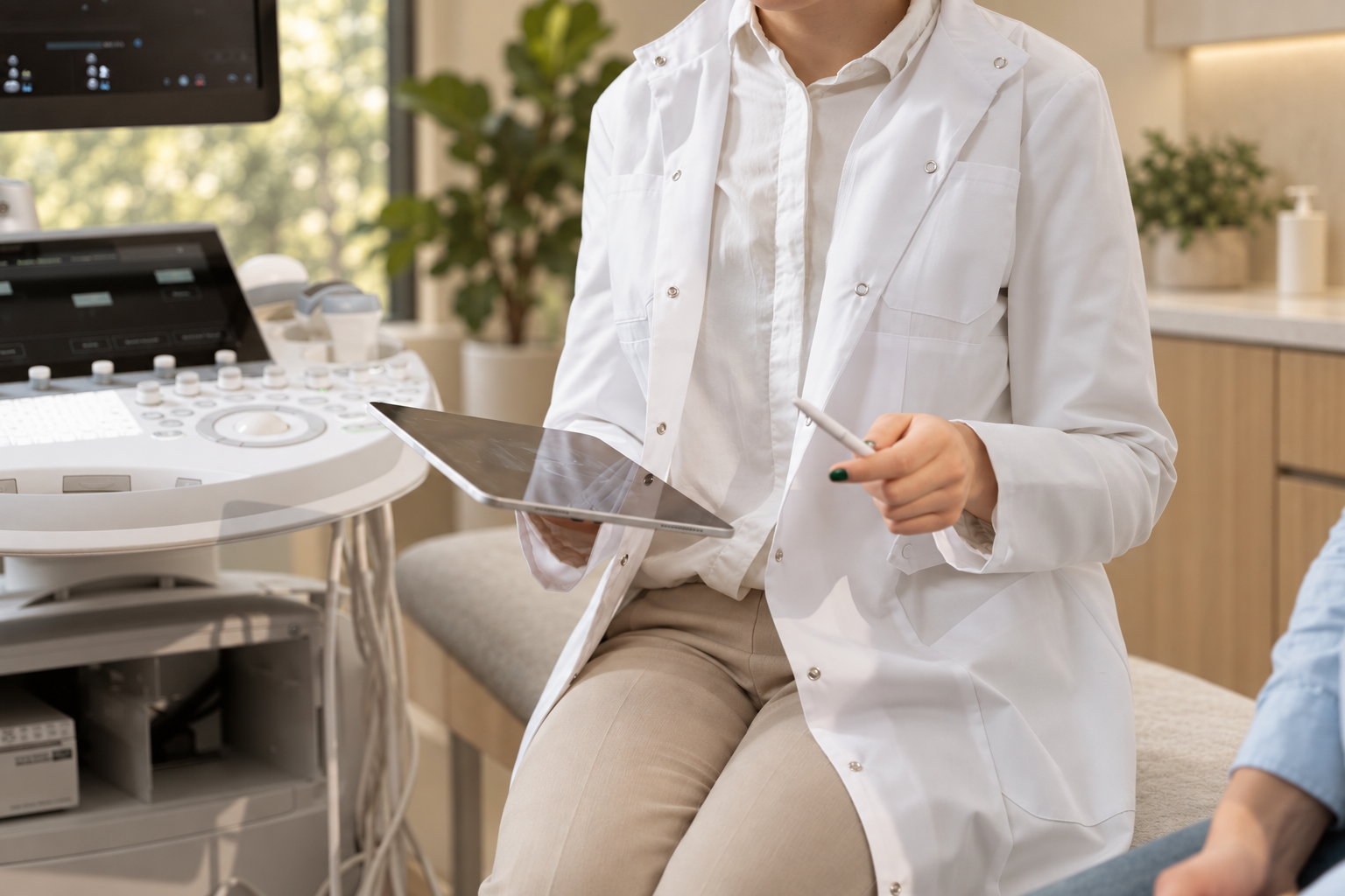 Medical professional sitting in a healthcare setting, holding a tablet and pointing with a pen, with medical equipment nearby.