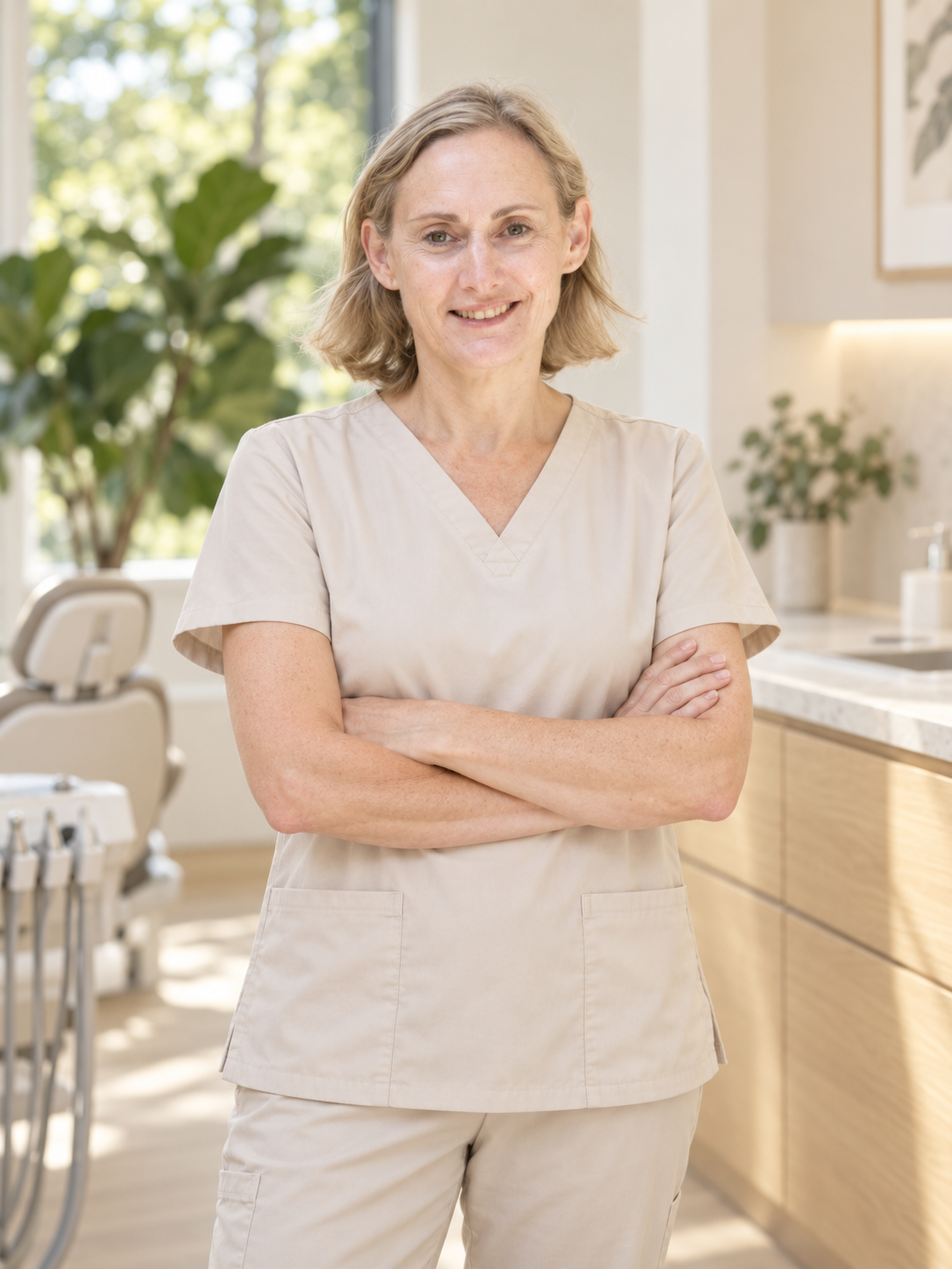 A smiling woman in beige medical scrubs standing with arms crossed in a well-lit dental office with plants and dental equipment in the background.