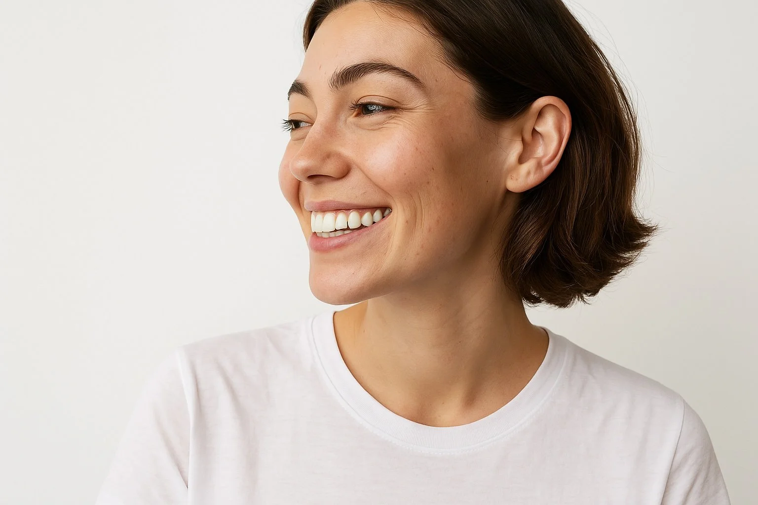 A young woman with short brown hair, smiling while looking to her right, wearing a white t-shirt against a plain white background.