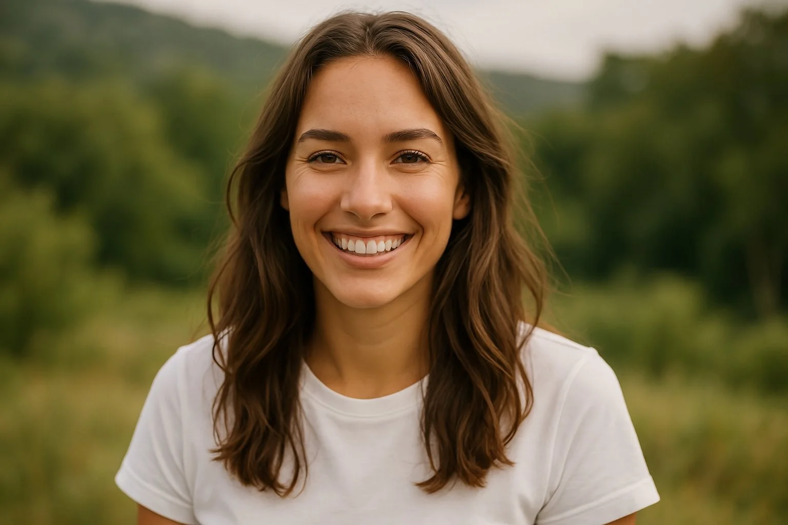 A young woman smiling outdoors with shoulder-length brown hair and wearing a white t-shirt, standing in a green natural setting.