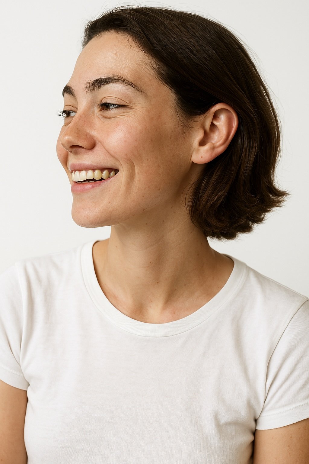 A woman with short brown hair smiling, wearing a white t-shirt, in front of a plain background.